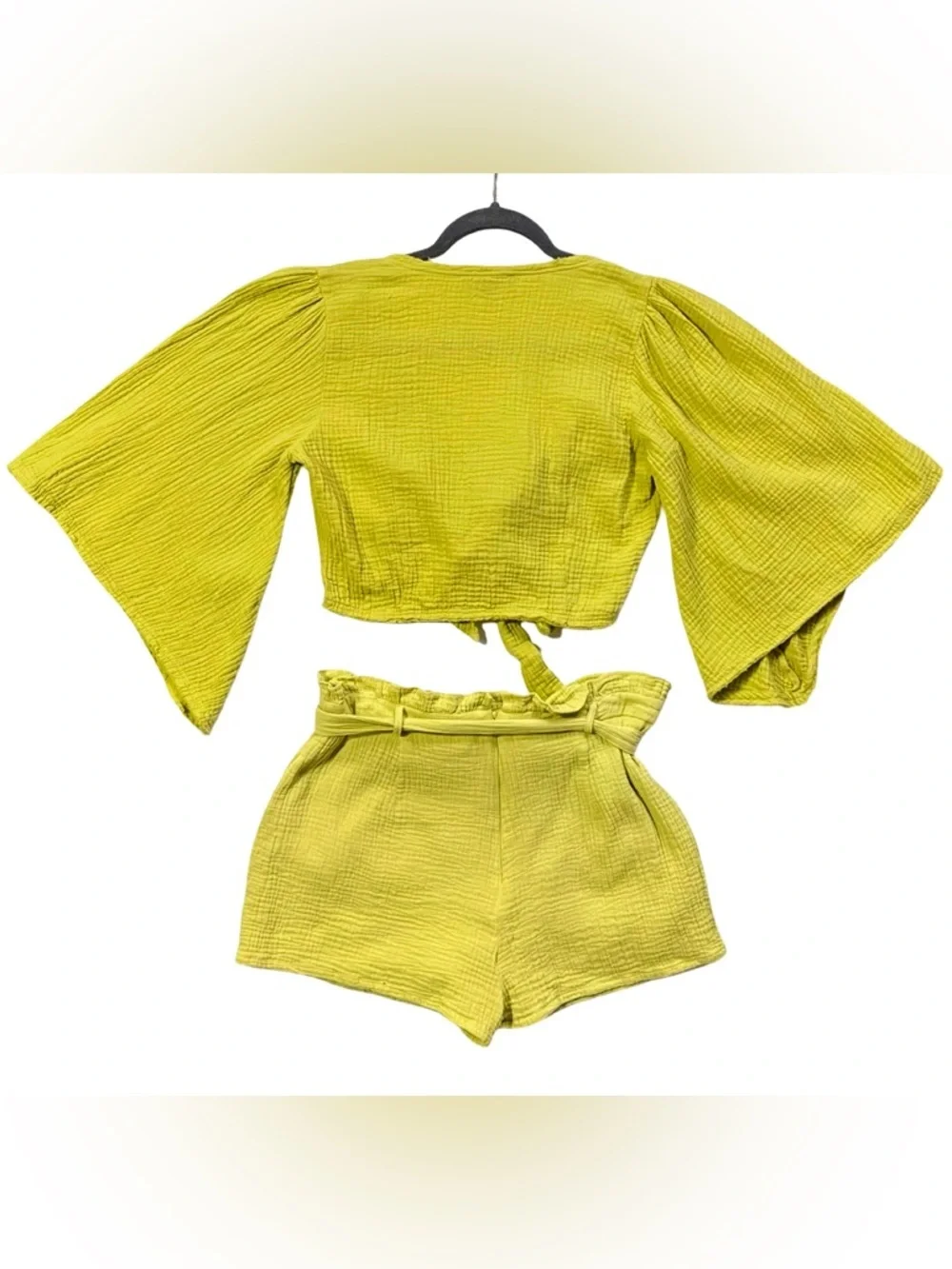 Lulu's Friendship Lime Green Tie Front Crop Top Paperbag Shorts Set Size Medium